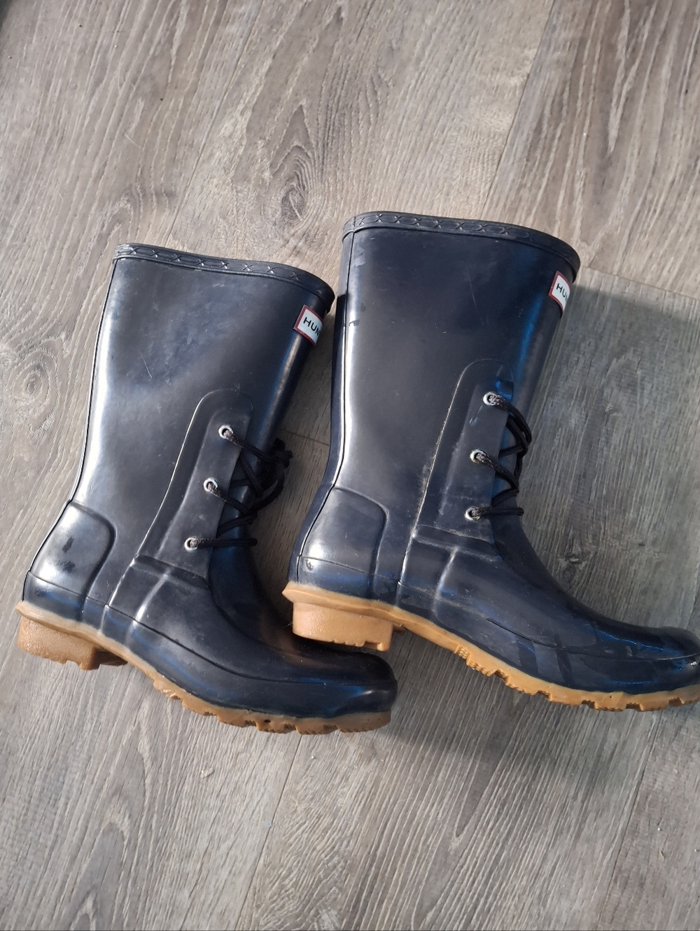 Hunter Boots Ackley Women's Sz 6 Mid Calf Laced Navy WATERPROOF Rain Rubber